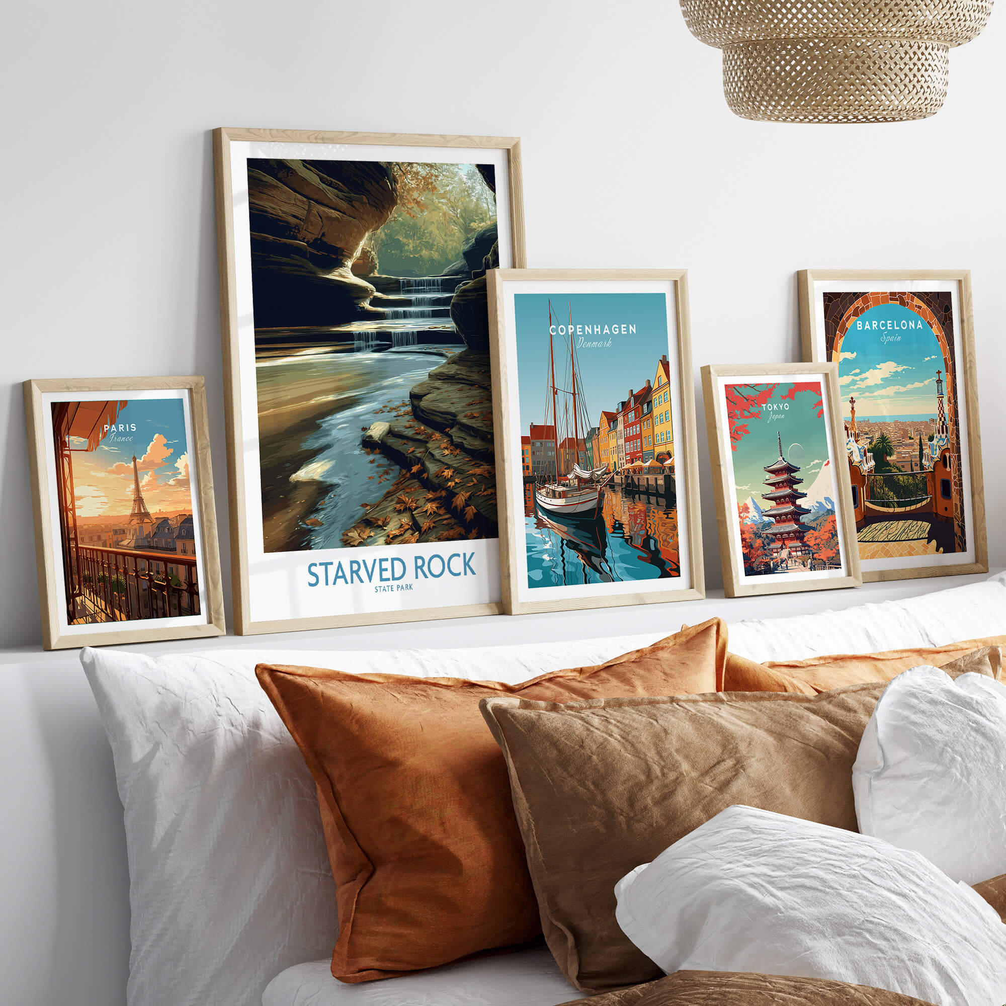 Starved Rock Poster | Illinois Autumn Canyon & Cascades Canvas Print displayed among other travel posters.