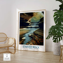 Starved Rock Poster |  Illinois Autumn Canyon & Cascades Canvas Print showcasing a serene waterfall and autumn foliage.