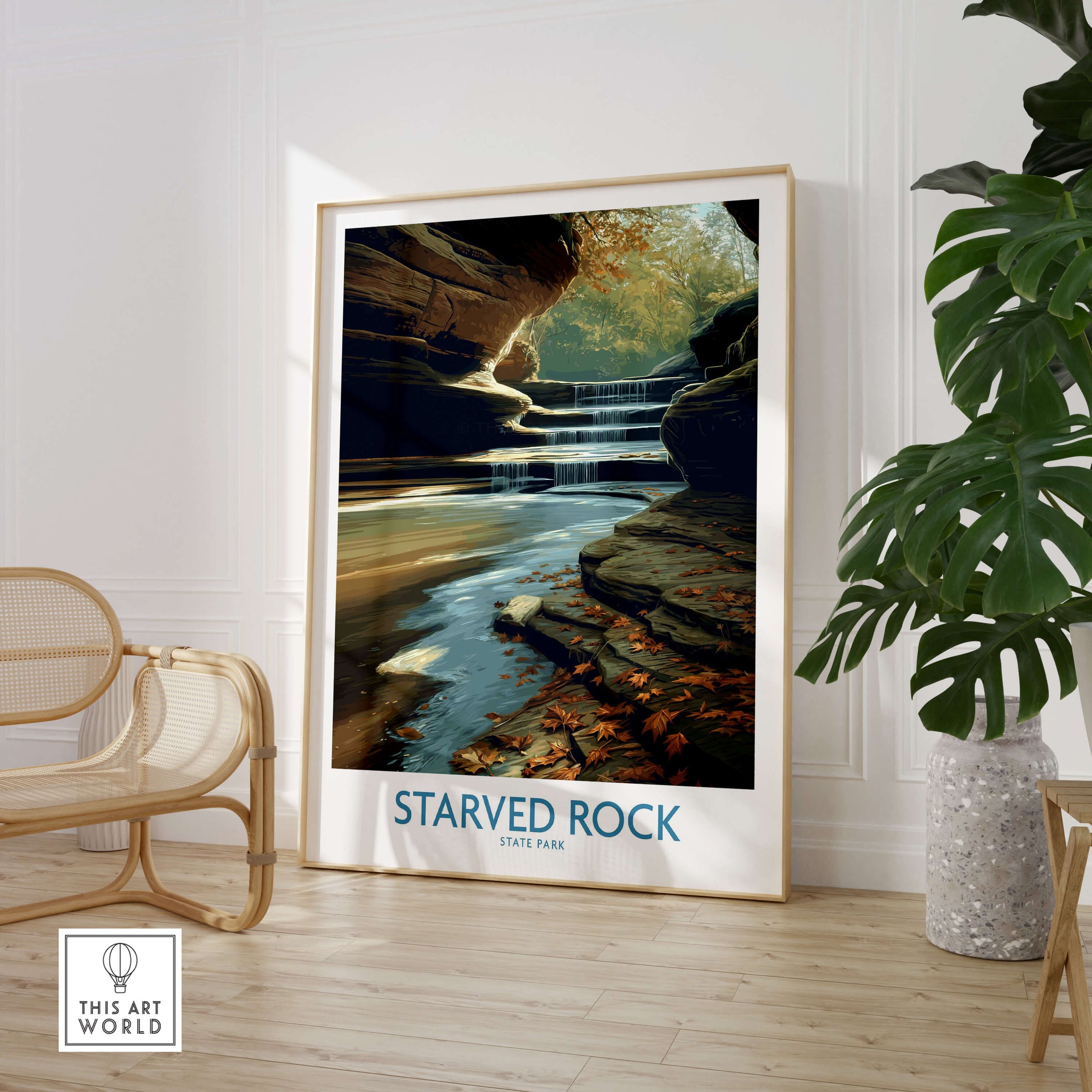 Starved Rock Poster |  Illinois Autumn Canyon & Cascades Canvas Print showcasing a serene waterfall and autumn foliage.