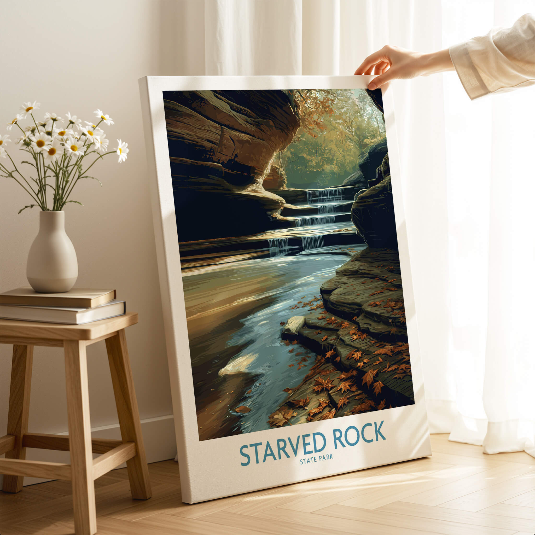 Starved Rock Poster |  Illinois Autumn Canyon & Cascades Canvas Print showcasing waterfalls and autumn foliage.