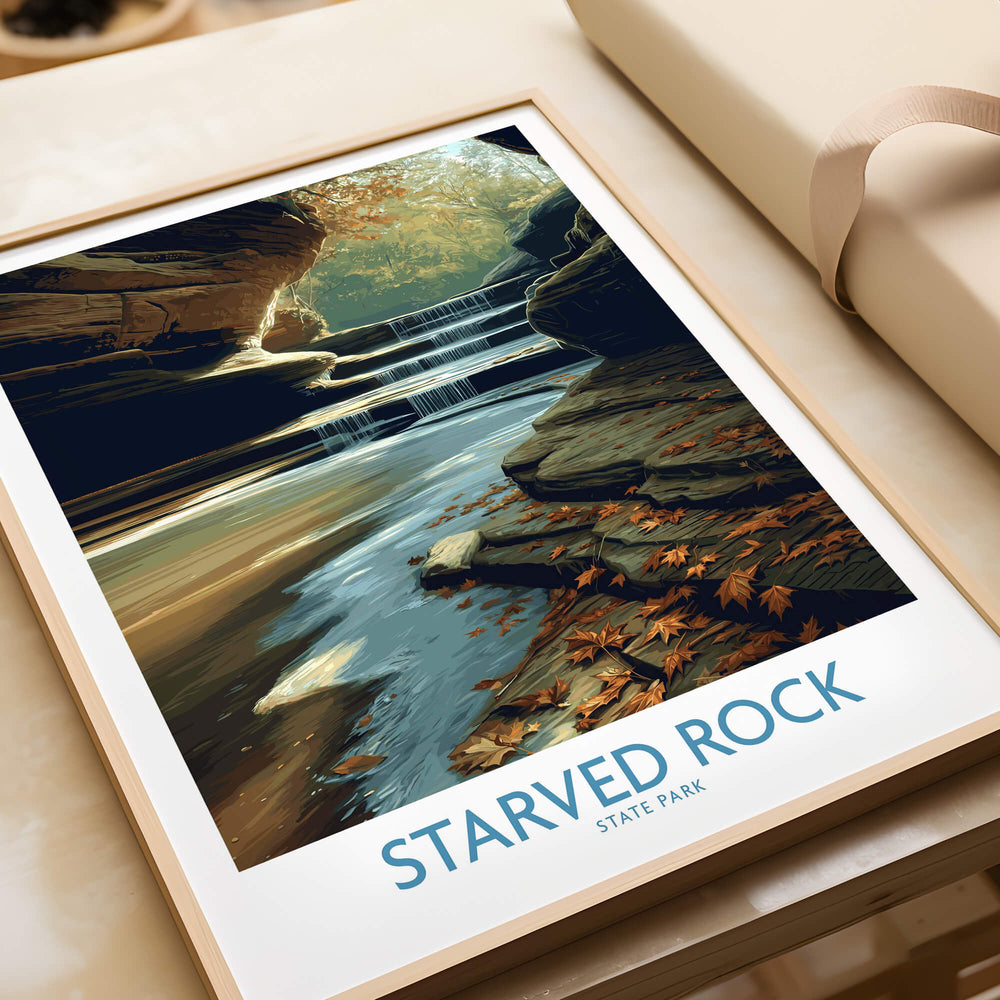 Starved Rock Poster | Illinois Autumn Canyon & Cascades Canvas Print showcasing a serene waterfall and autumn leaves.