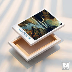Starved Rock Poster | Illinois Autumn Canyon & Cascades Canvas Print displayed on a white box with an open lid.