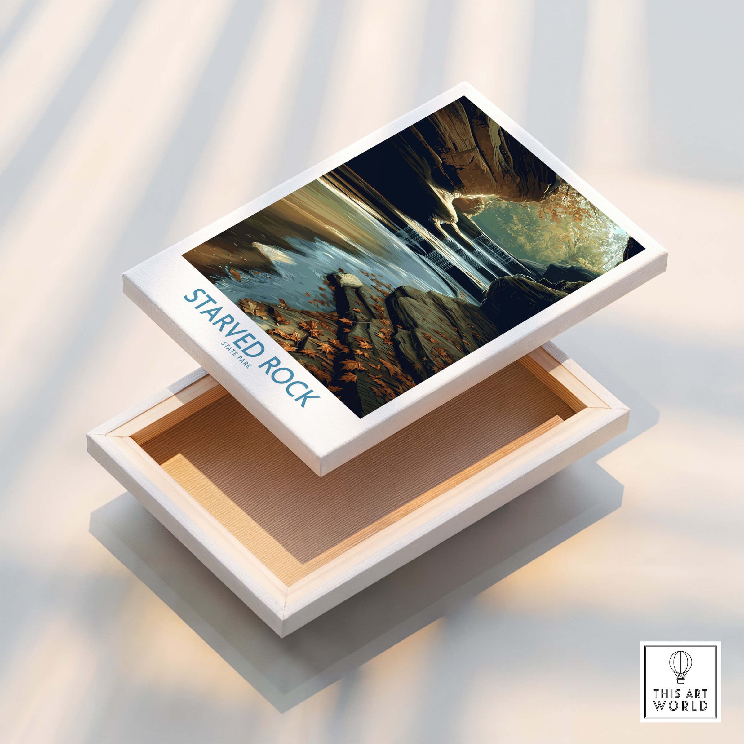 Starved Rock Poster | Illinois Autumn Canyon & Cascades Canvas Print displayed on a white box with an open lid.