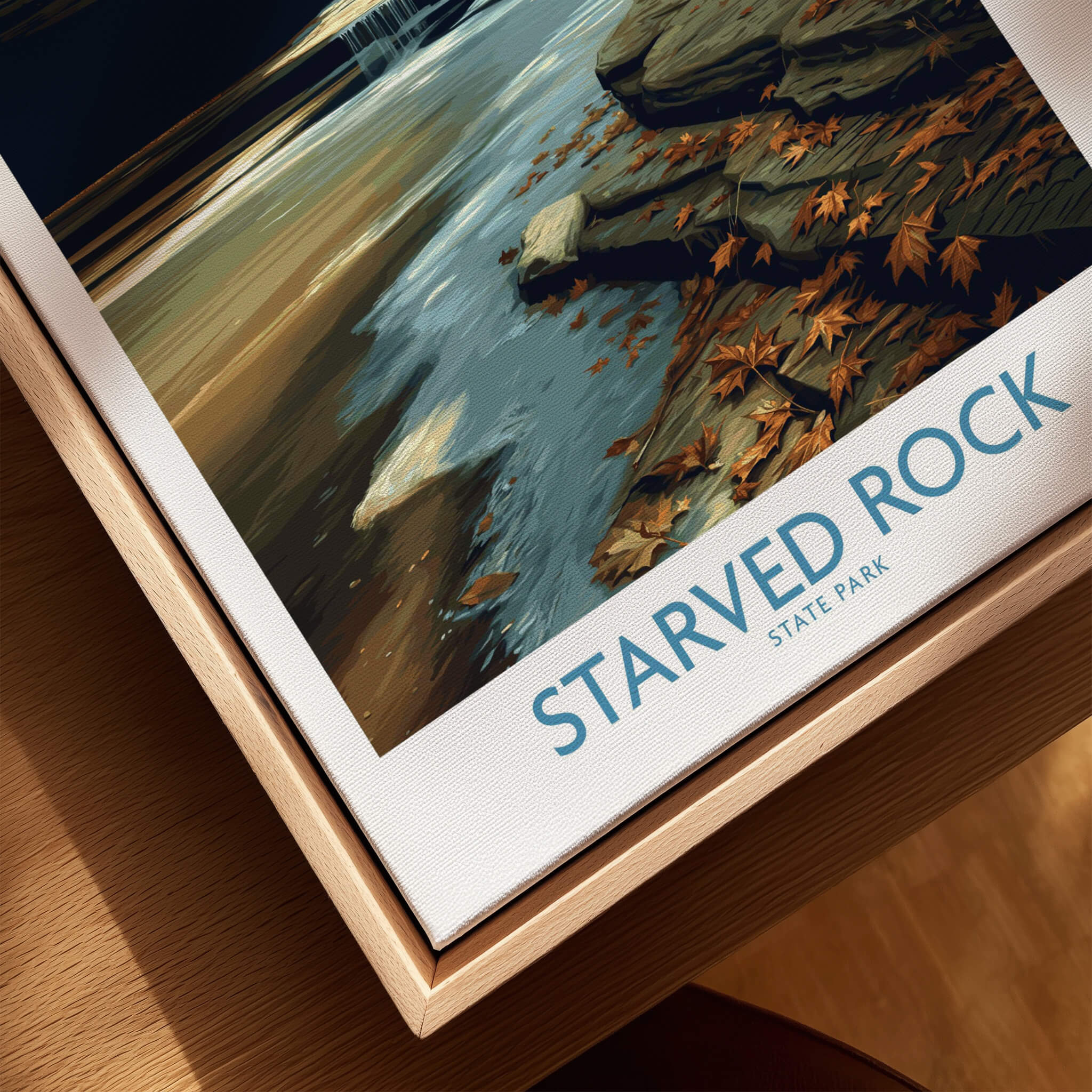 Starved Rock Poster | Illinois Autumn Canyon & Cascades Canvas Print depicting sandstone cliffs and waterfalls.
