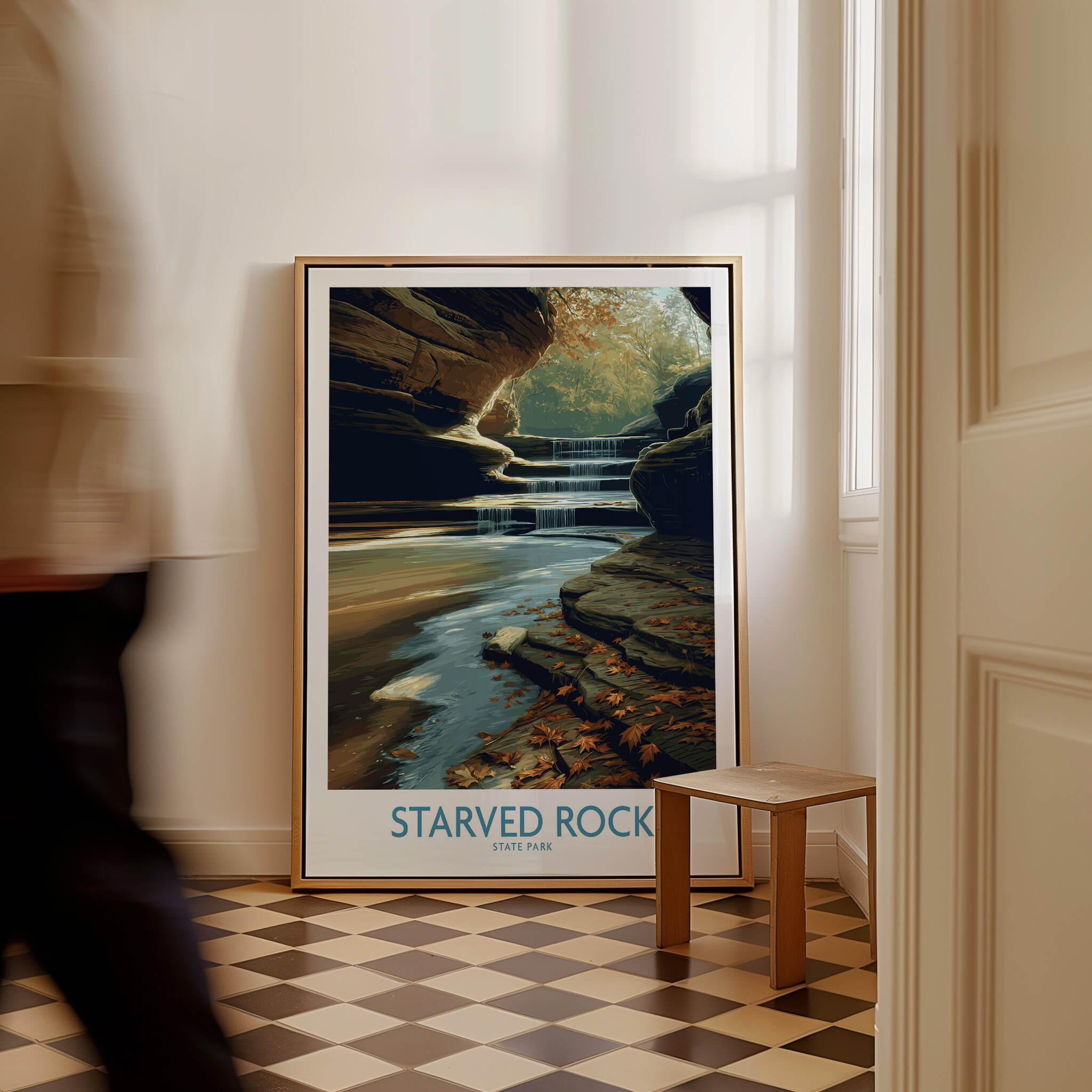 Starved Rock Poster | Illinois Autumn Canyon & Cascades Canvas Print displayed in a modern interior setting.