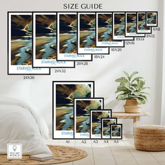 Starved Rock Poster | Illinois Autumn Canyon & Cascades Canvas Print size guide with various frame options.