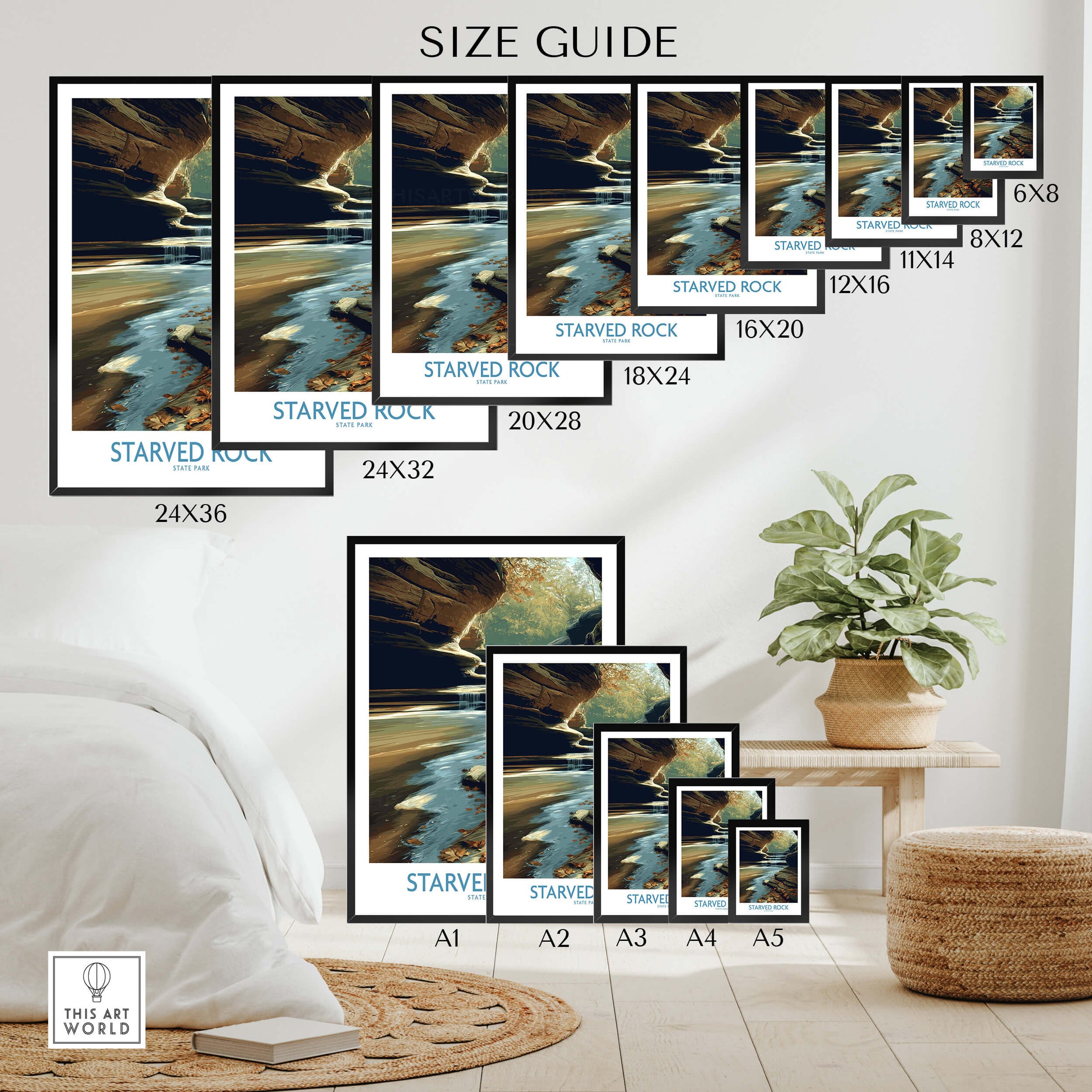 Starved Rock Poster | Illinois Autumn Canyon & Cascades Canvas Print size guide with various frame options.