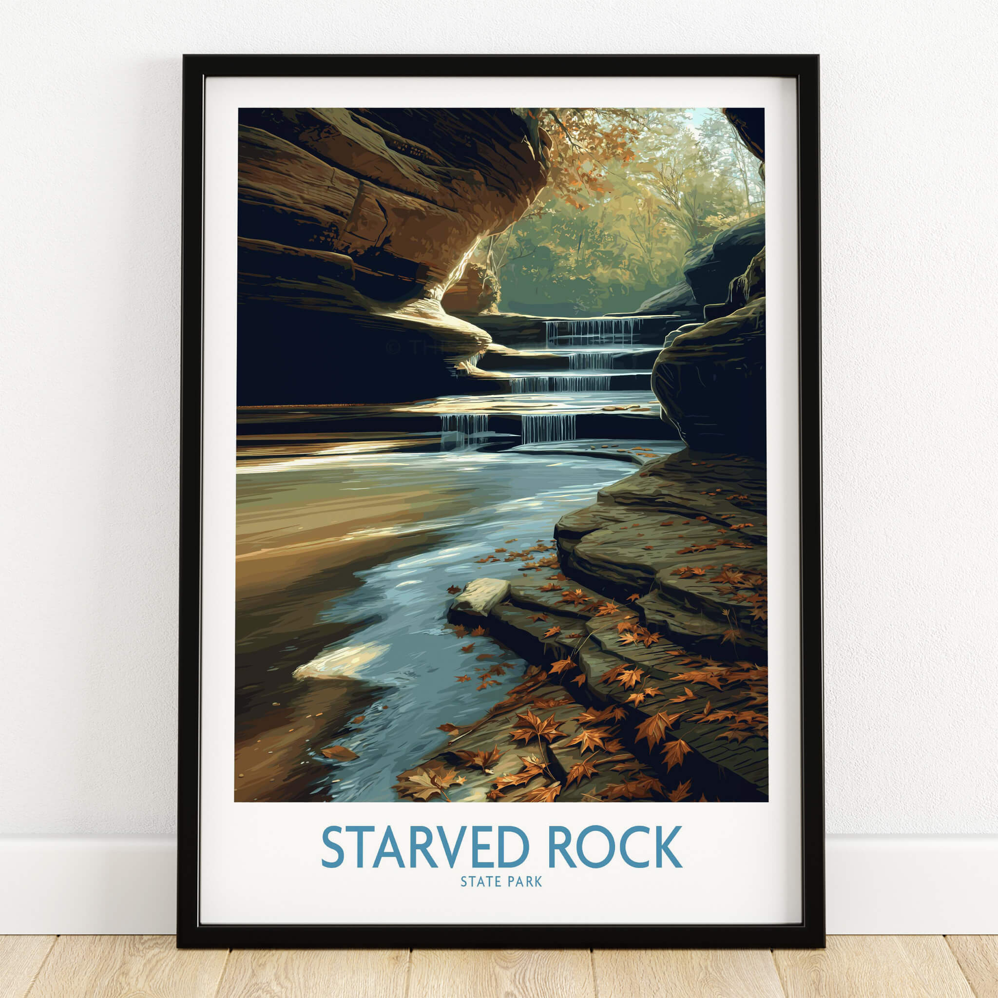 Starved Rock Poster | Illinois Autumn Canyon & Cascades Canvas Print showcasing waterfall and autumn foliage.