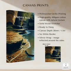 Starved Rock State Park Travel Poster | Scenic River & Rock Wall Art Print on high-quality canvas with natural texture.