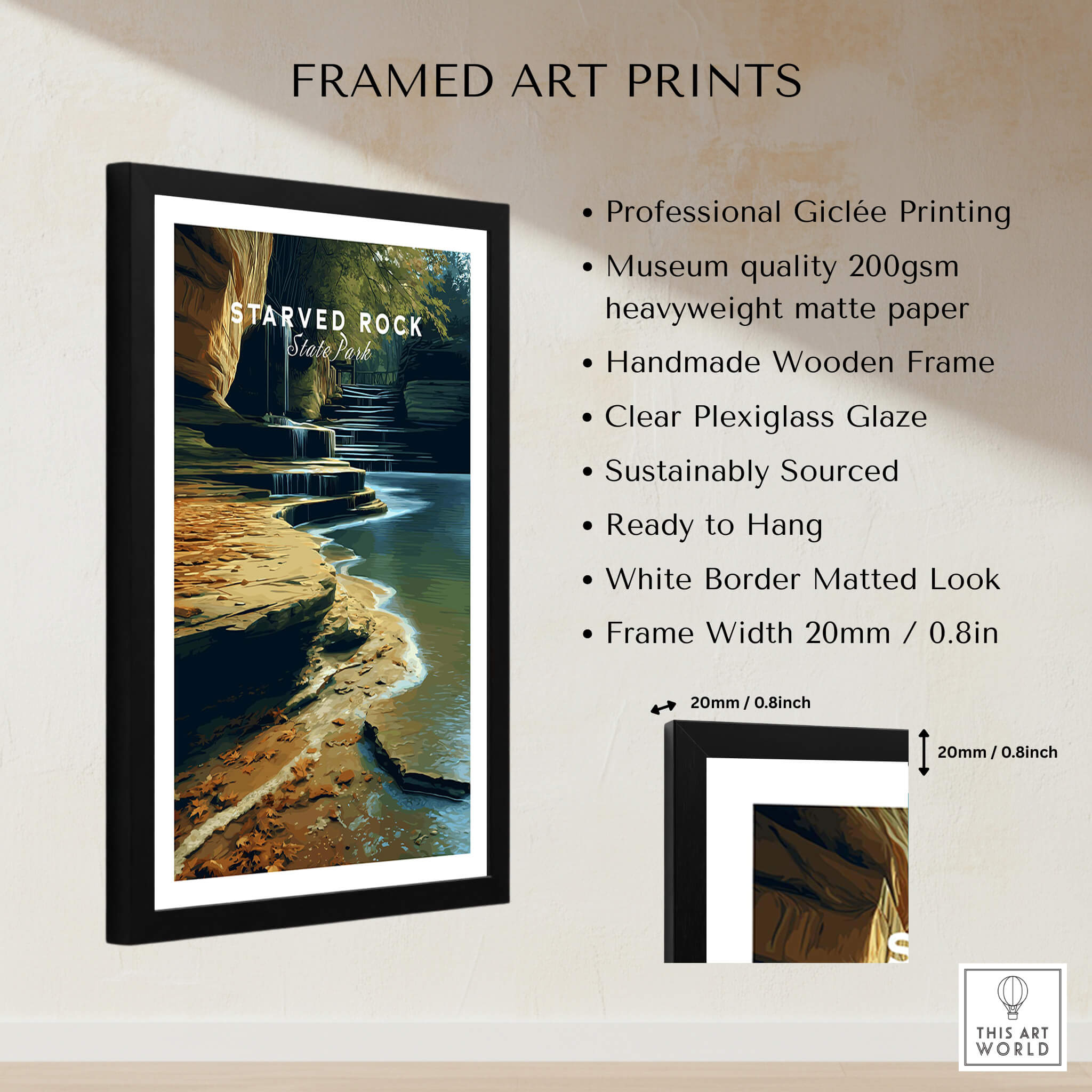Starved Rock State Park Travel Poster | Scenic River & Rock Wall Art Print showcasing framed art print details.