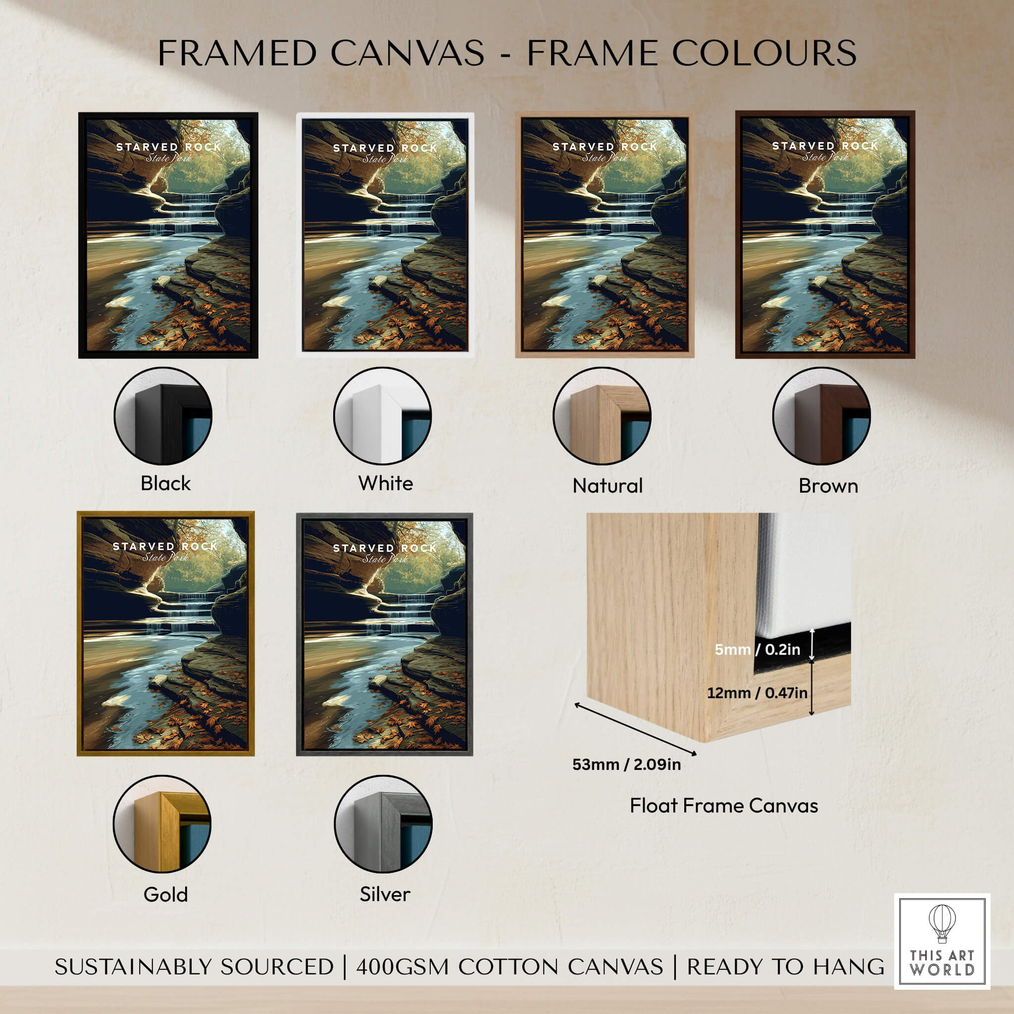 Framed Starved Rock State Park Wall Art Print in various frame colors including Black, White, Natural, Brown, Gold, and Silver.