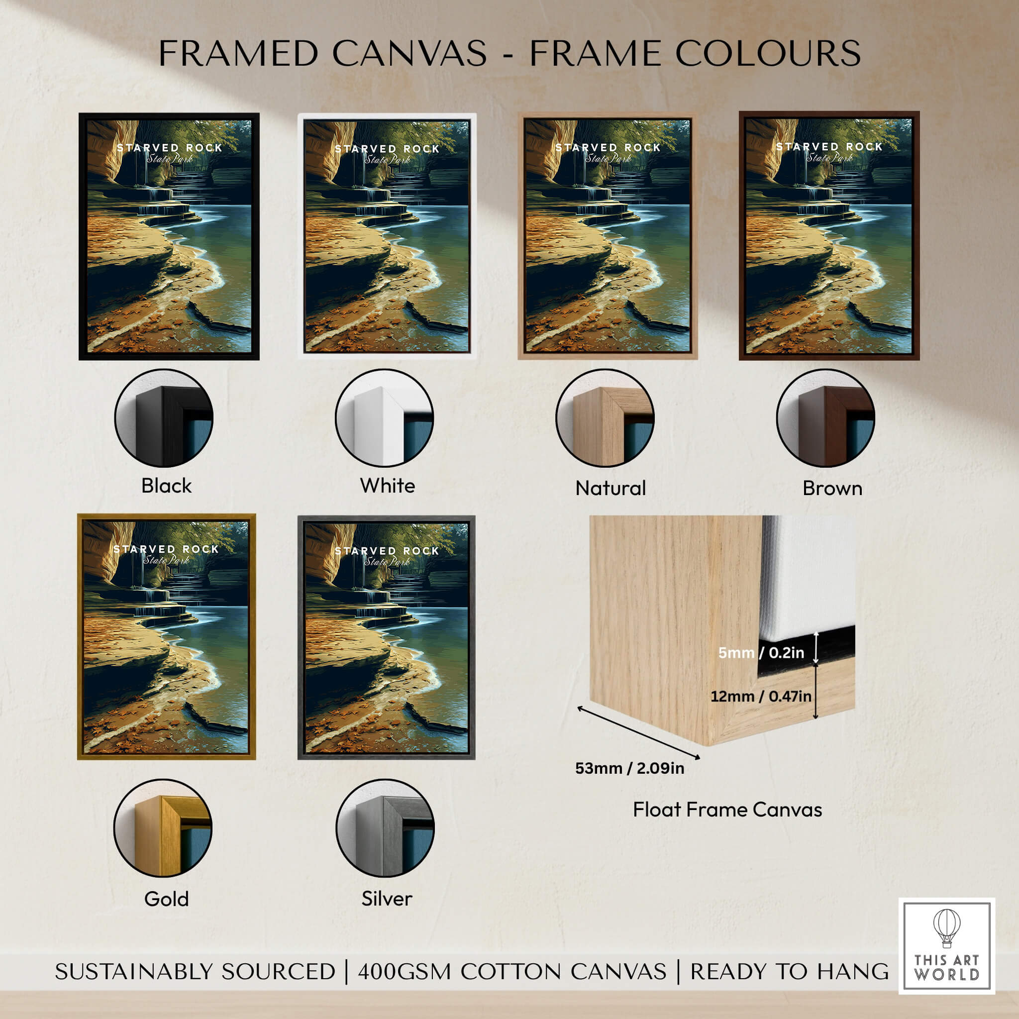 Starved Rock State Park Travel Poster | Scenic River & Rock Wall Art Print framed canvas color options with different frames.