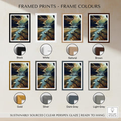Framed prints of Starved Rock State Park Wall Art Print | Illinois Waterfall Landscape Travel Poster in various colors.