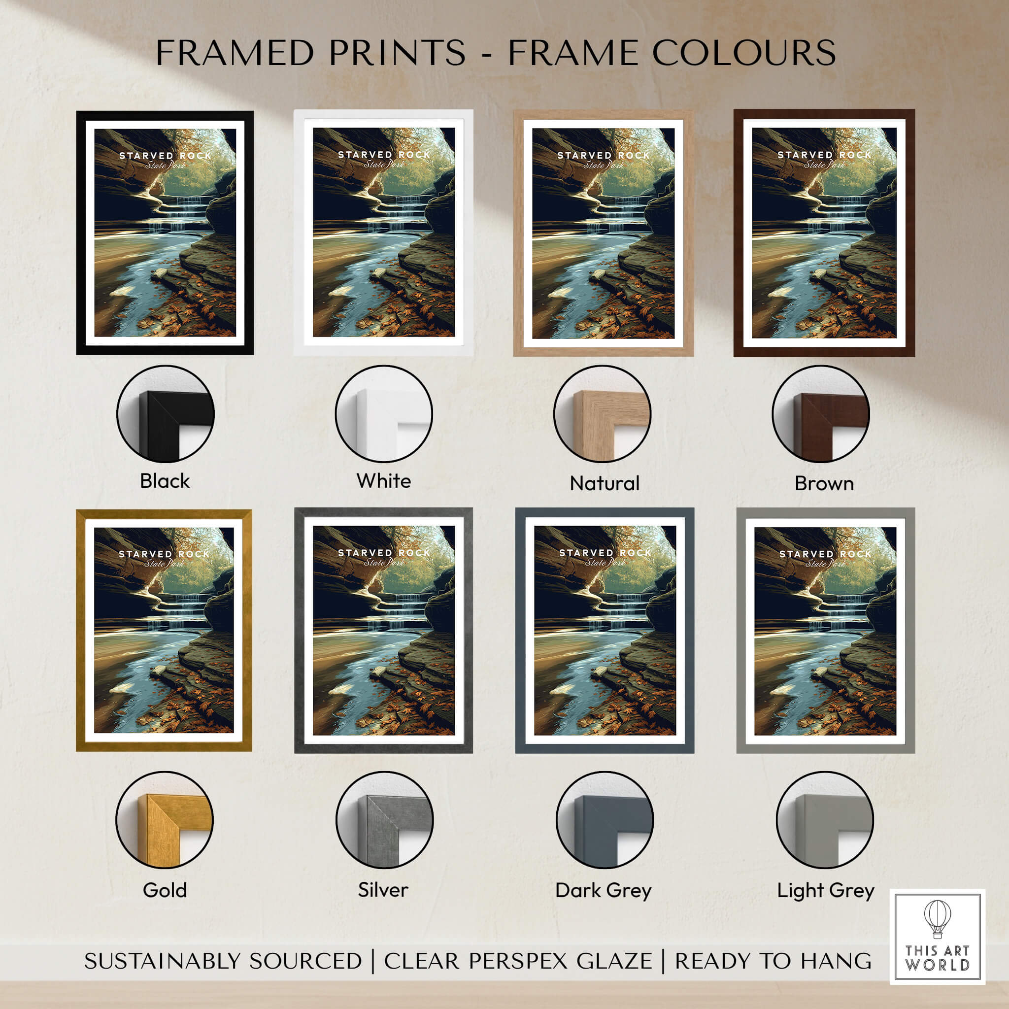 Framed prints of Starved Rock State Park Wall Art Print | Illinois Waterfall Landscape Travel Poster in various colors.