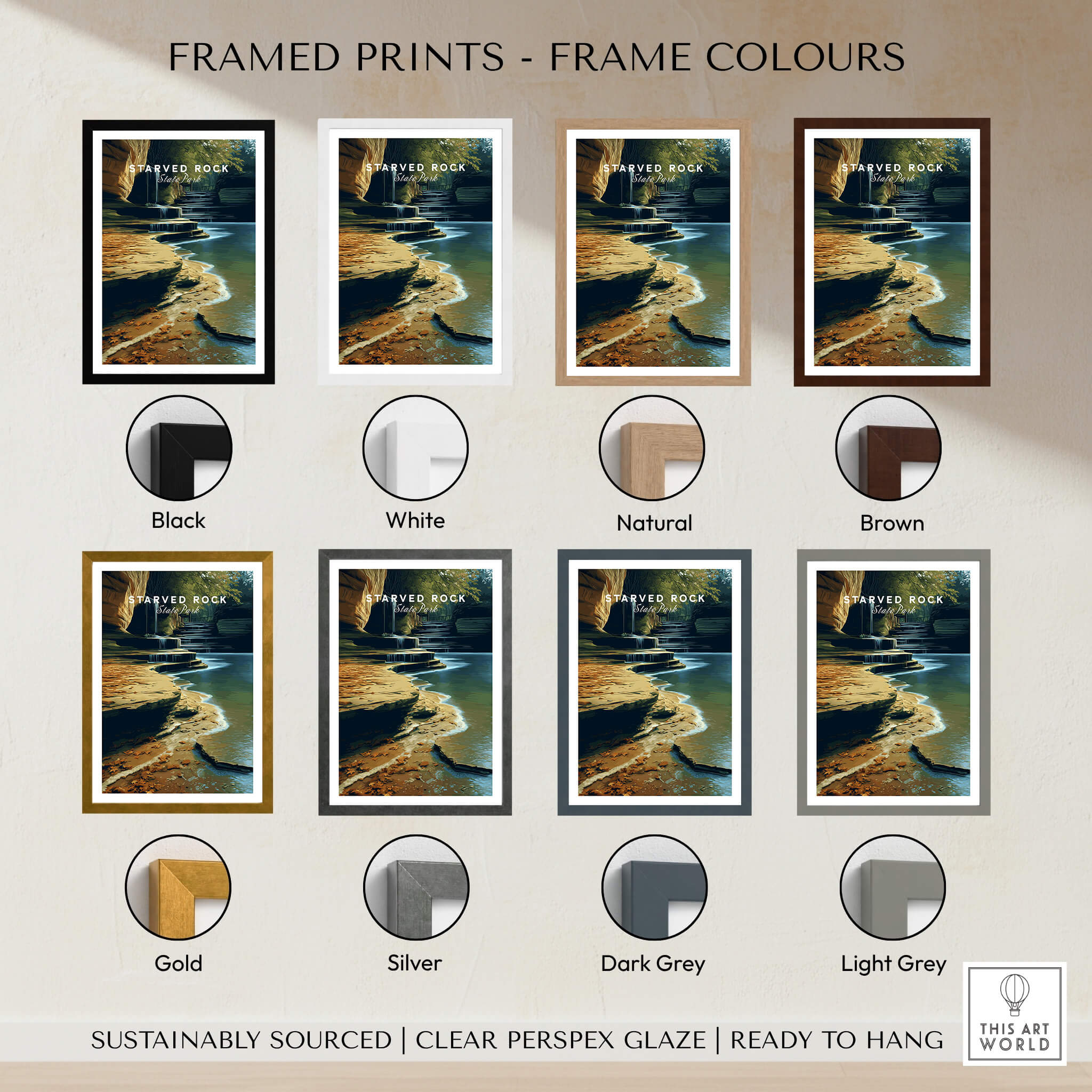 Starved Rock State Park Travel Poster | Scenic River & Rock Wall Art Print framed in various colors including black, white, gold, and brown.