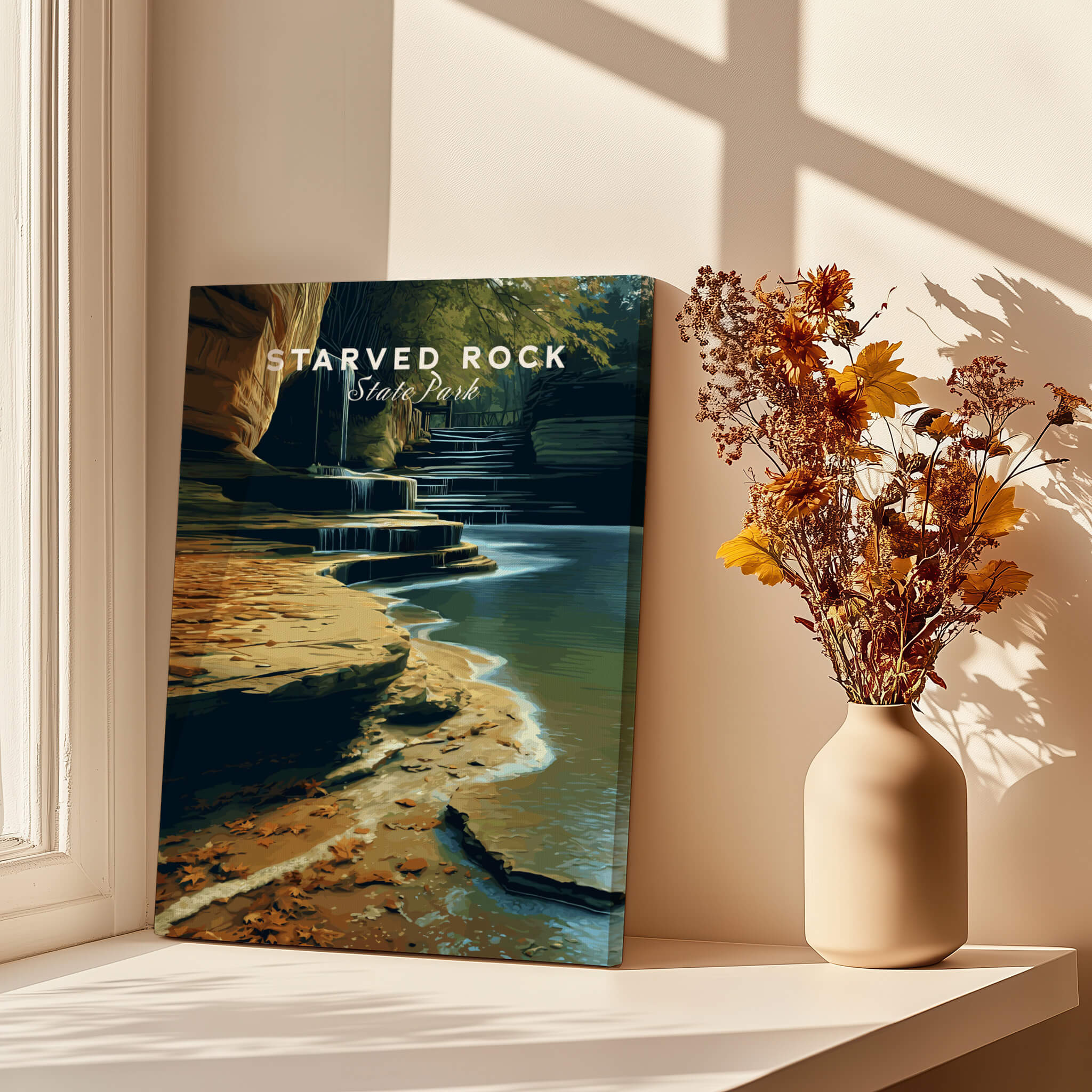 Starved Rock State Park Travel Poster | Scenic River & Rock Wall Art Print displayed beside a flower vase.