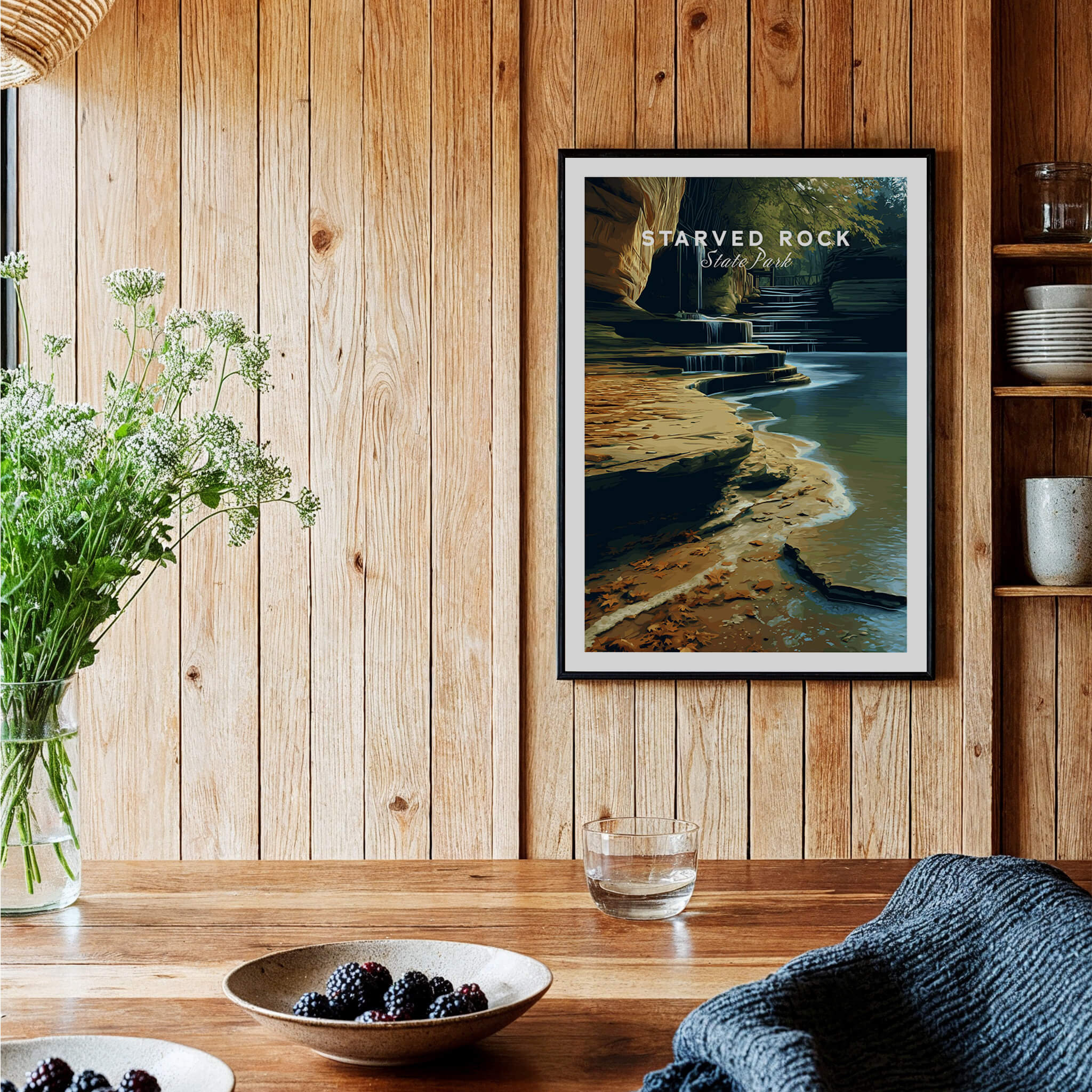 Starved Rock State Park Travel Poster | Scenic River & Rock Wall Art Print displayed in a cozy wooden interior.
