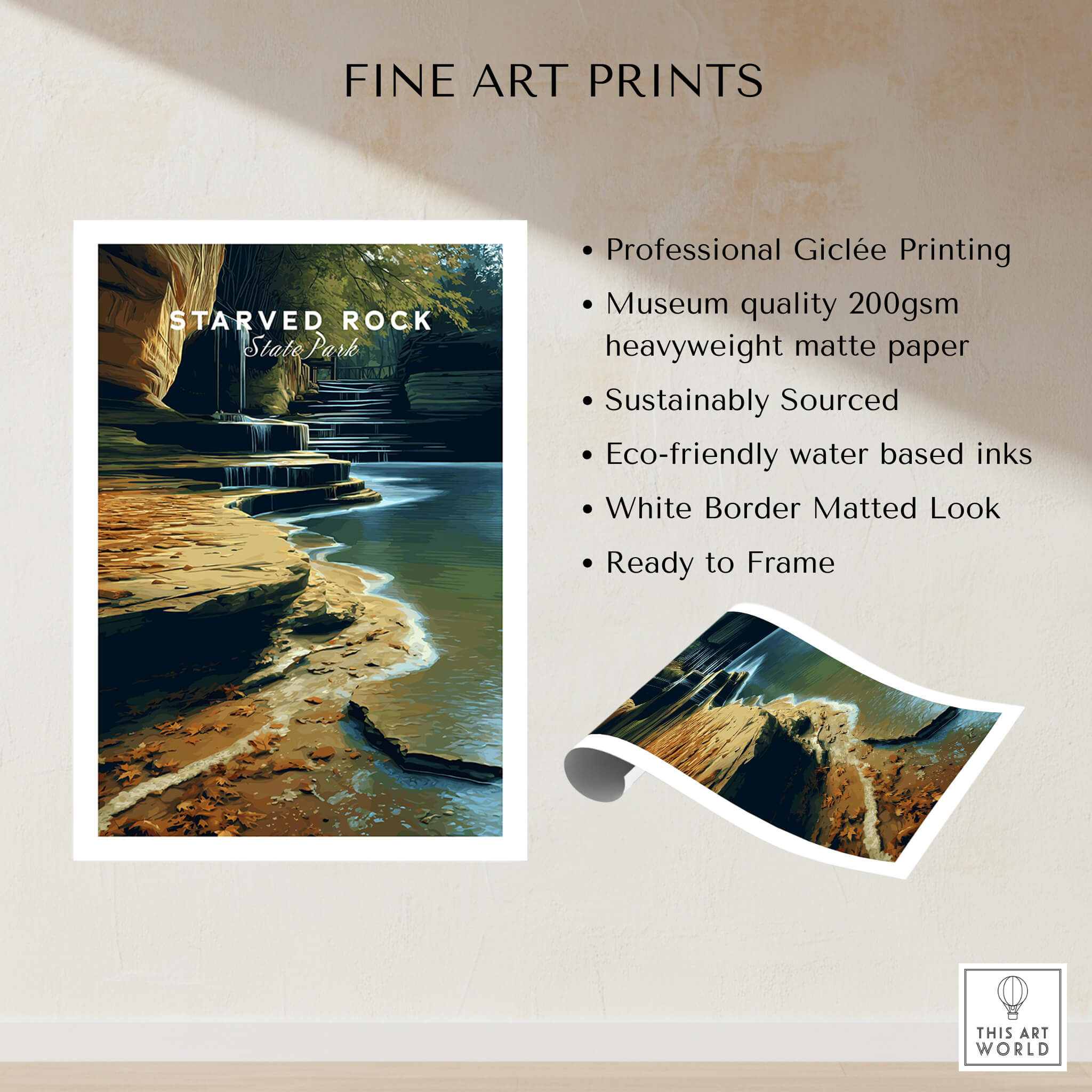 Starved Rock State Park Travel Poster | Scenic River & Rock Wall Art Print showcasing Giclée printing and river landscape.