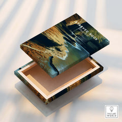 Starved Rock State Park Travel Poster | Scenic River & Rock Wall Art Print on a decorative box showcasing its beauty.
