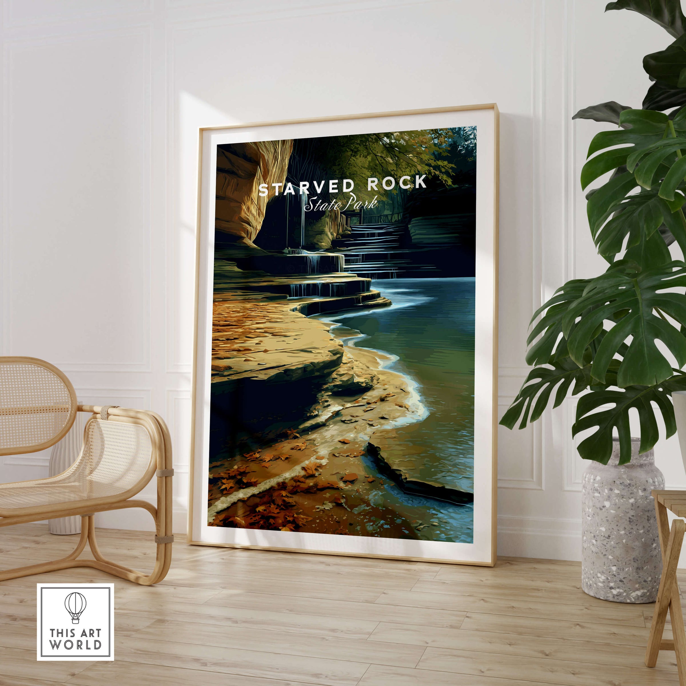 Starved Rock State Park Travel Poster | Scenic River & Rock Wall Art Print displayed in a modern interior setting.