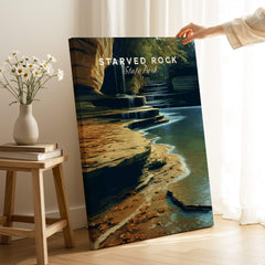 Starved Rock State Park Travel Poster | Scenic River & Rock Wall Art Print showcasing serene cliffs and water features.