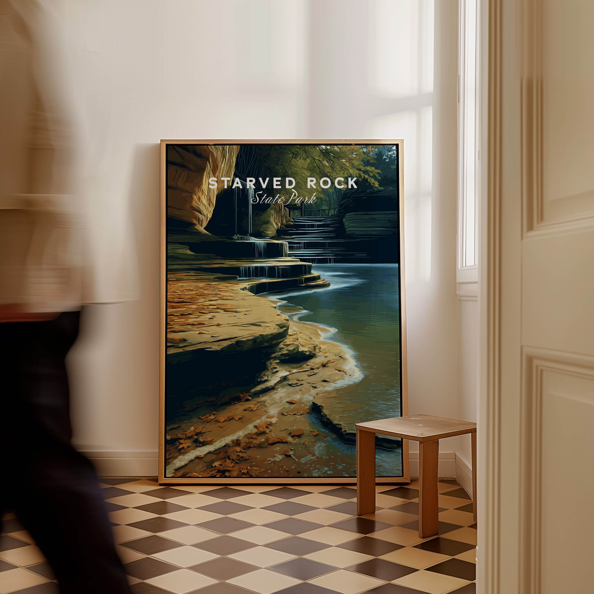 Starved Rock State Park Travel Poster | Scenic River & Rock Wall Art Print displayed in a stylish interior setting.
