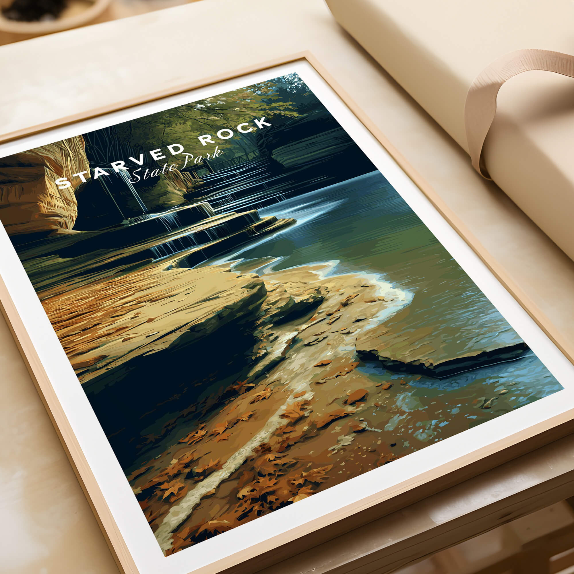 Starved Rock State Park Travel Poster | Scenic River & Rock Wall Art Print showcased in a stylish frame.