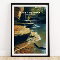 Starved Rock State Park Travel Poster | Scenic River & Rock Wall Art Print showcasing serene river and sandstone cliffs.