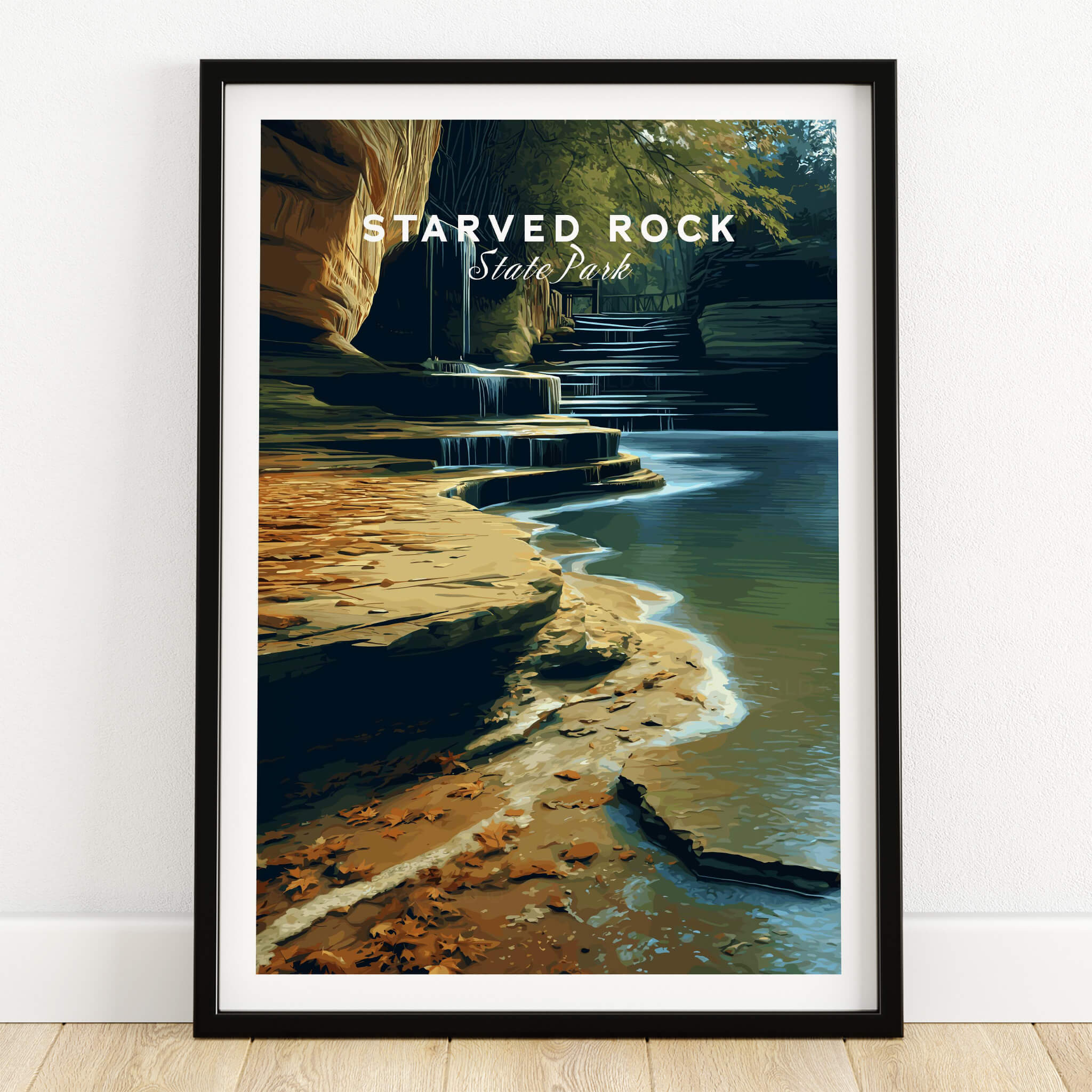 Starved Rock State Park Travel Poster | Scenic River & Rock Wall Art Print showcasing serene river and sandstone cliffs.