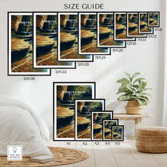 Starved Rock State Park Travel Poster | Scenic River & Rock Wall Art Print size guide with different frame sizes displayed.