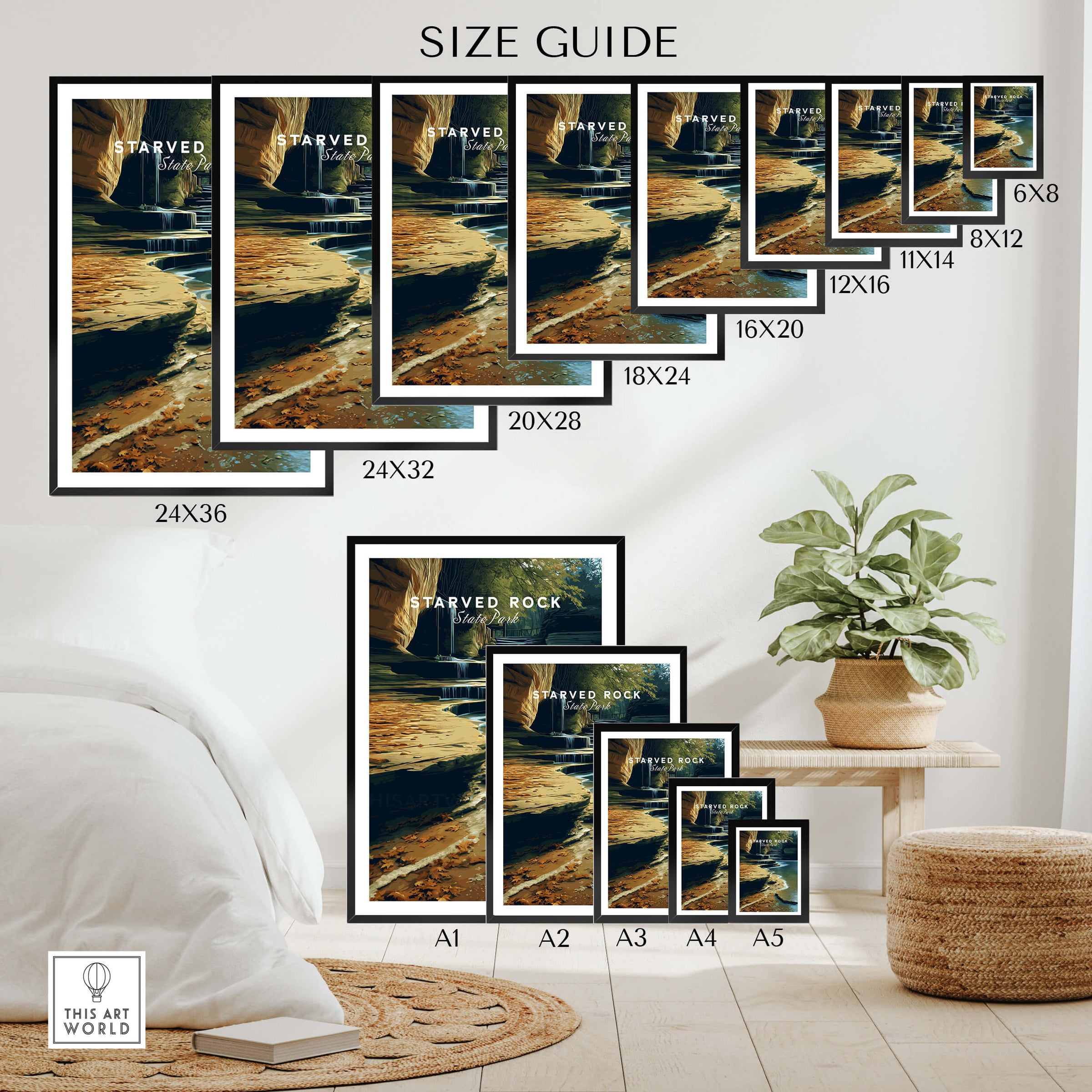 Starved Rock State Park Travel Poster | Scenic River & Rock Wall Art Print size guide with different frame sizes displayed.