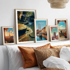 Starved Rock State Park Travel Poster | Scenic River & Rock Wall Art Print displayed among other travel posters.