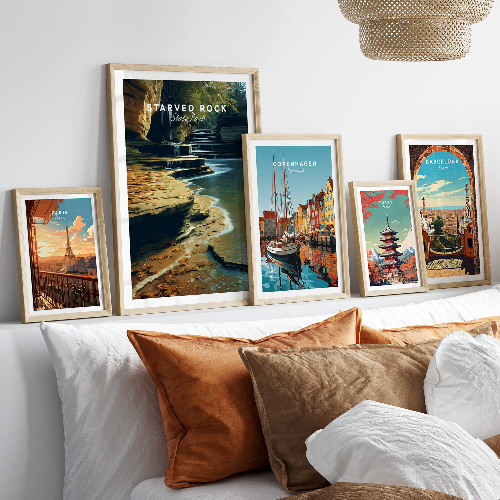 Starved Rock State Park Travel Poster | Scenic River & Rock Wall Art Print displayed among other travel posters.