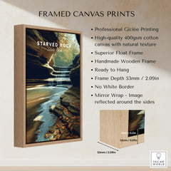 Starved Rock State Park Wall Art Print | Illinois Waterfall Landscape Travel Poster displayed on a handmade wooden frame.