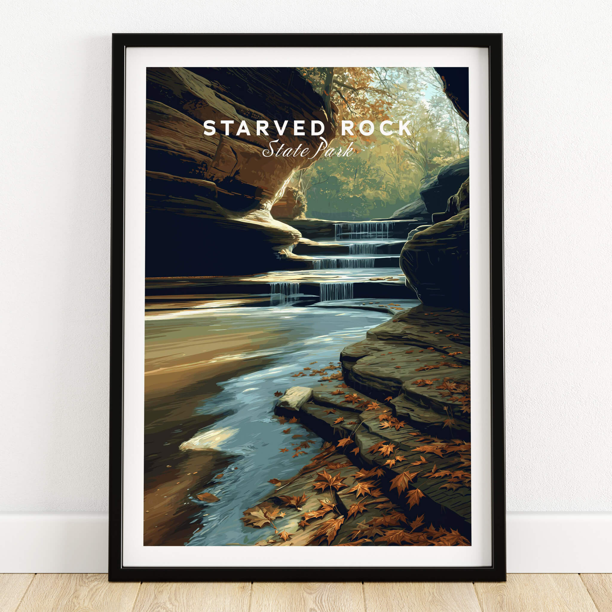 Starved Rock State Park Wall Art Print | Illinois Waterfall Landscape Travel Poster showcasing waterfalls and canyon views.