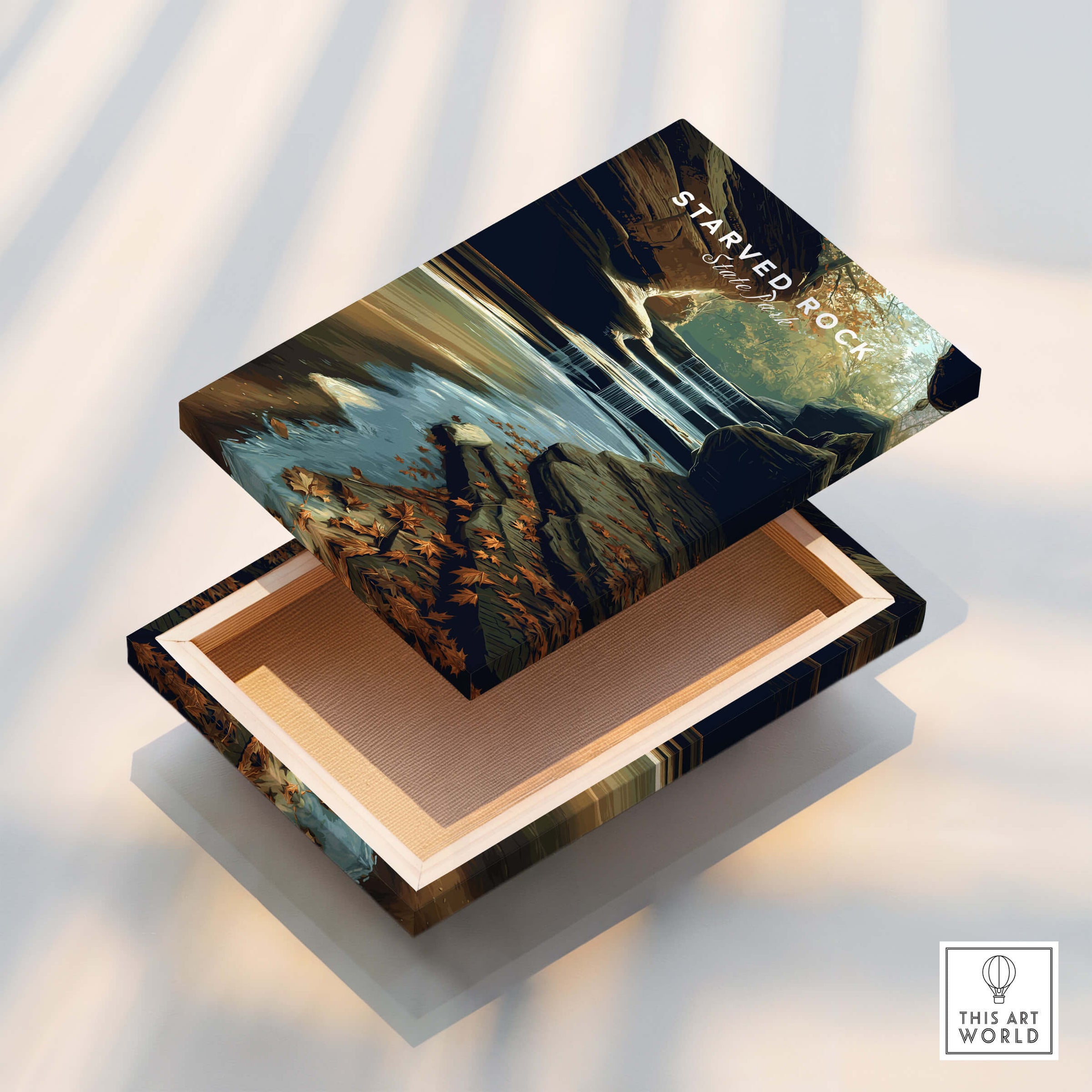 Starved Rock State Park Wall Art Print | Illinois Waterfall Landscape Travel Poster displayed on a wooden box.