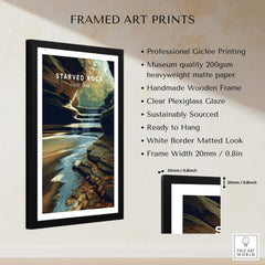 Starved Rock State Park Wall Art Print | Illinois Waterfall Landscape Travel Poster showcased in a framed design with details.