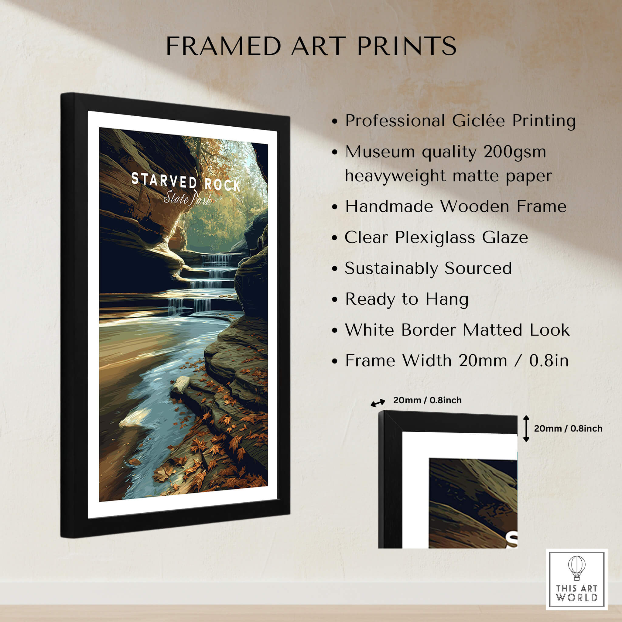 Starved Rock State Park Wall Art Print | Illinois Waterfall Landscape Travel Poster showcased in a framed design with details.
