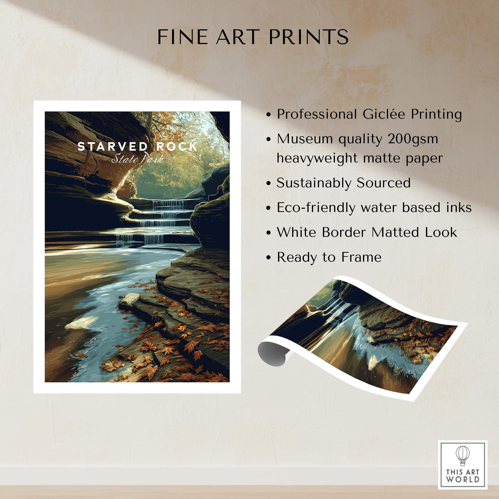 Starved Rock State Park Wall Art Print | Illinois Waterfall Landscape Travel Poster featuring cascading waterfalls.