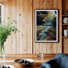 Starved Rock State Park Wall Art Print | Illinois Waterfall Landscape Travel Poster displayed in a cozy home setting.