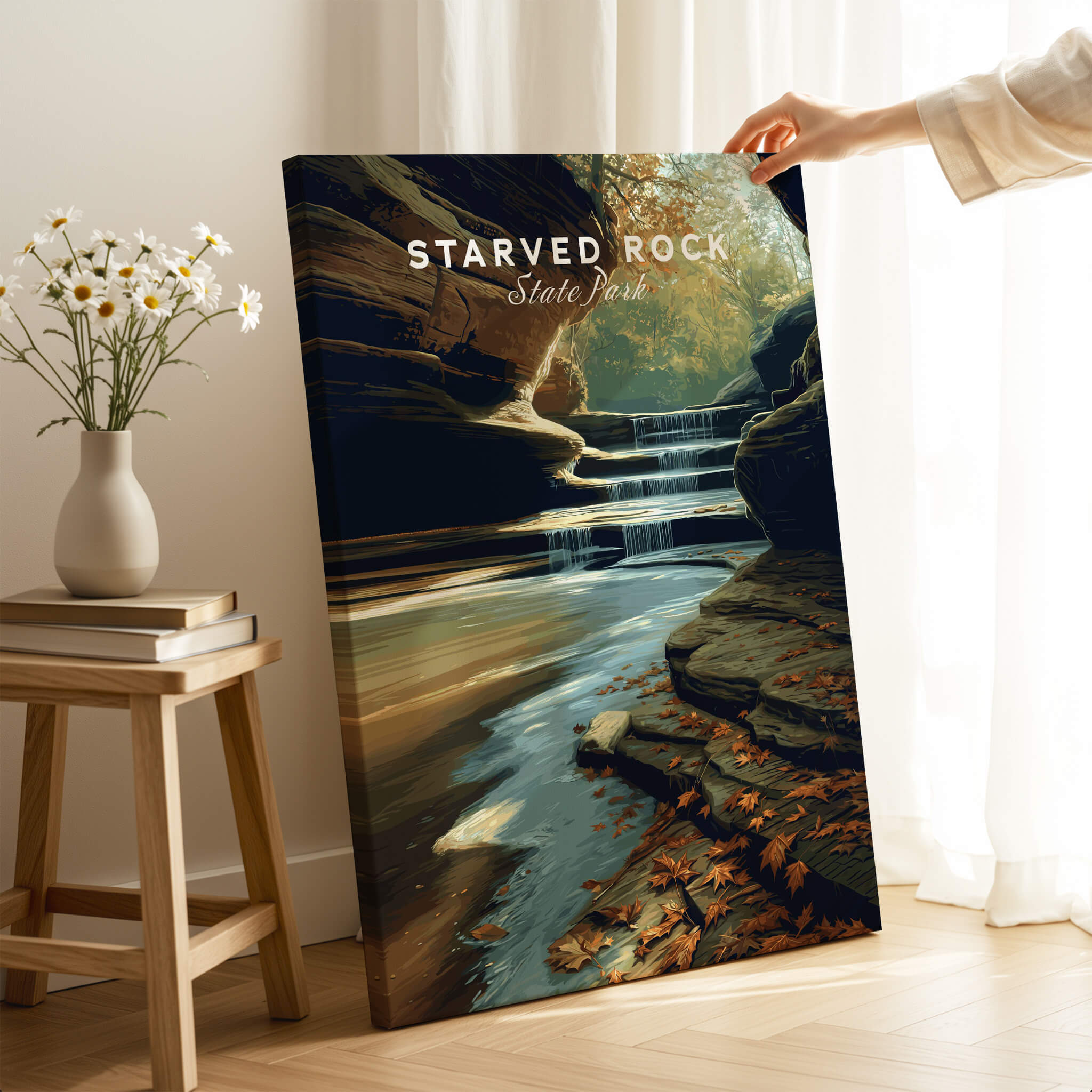 Starved Rock State Park Wall Art Print | Illinois Waterfall Landscape Travel Poster showcasing a serene waterfall scene in autumn.