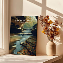 Starved Rock State Park Wall Art Print | Illinois Waterfall Landscape Travel Poster showcasing a serene waterfall and canyon scene.