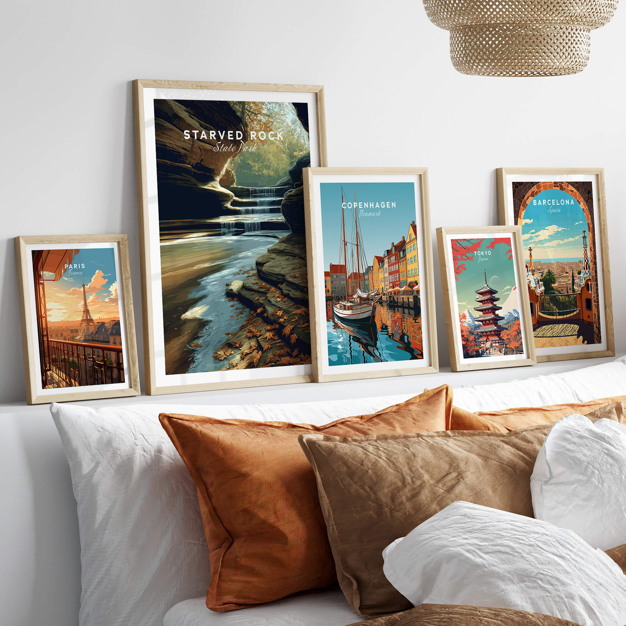 Starved Rock State Park Wall Art Print | Illinois Waterfall Landscape Travel Poster displayed in a modern home setting.