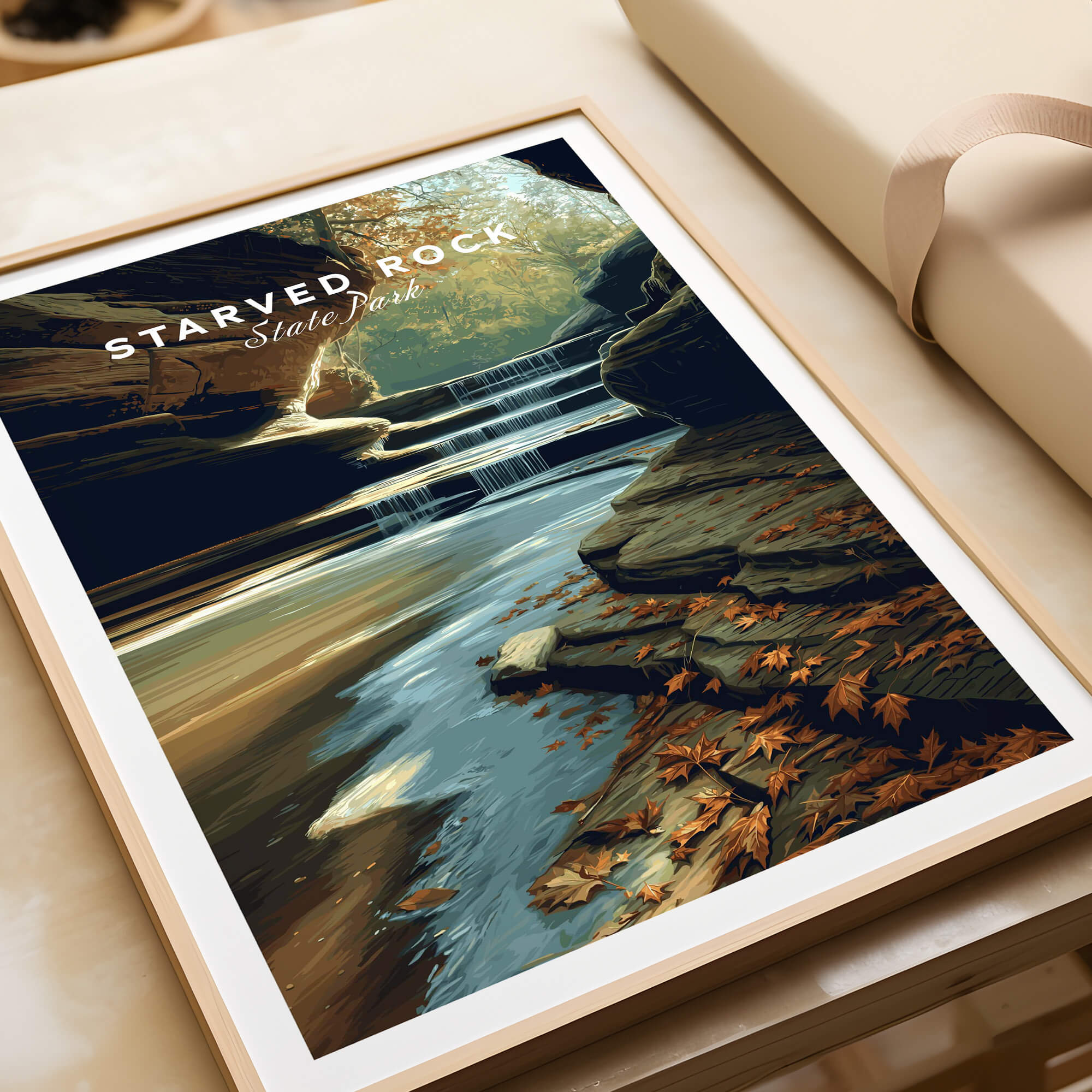 Starved Rock State Park Wall Art Print | Illinois Waterfall Landscape Travel Poster showcasing a serene waterfall scene.