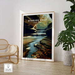 Starved Rock State Park Wall Art Print | Illinois Waterfall Landscape Travel Poster displayed in a modern interior setting.