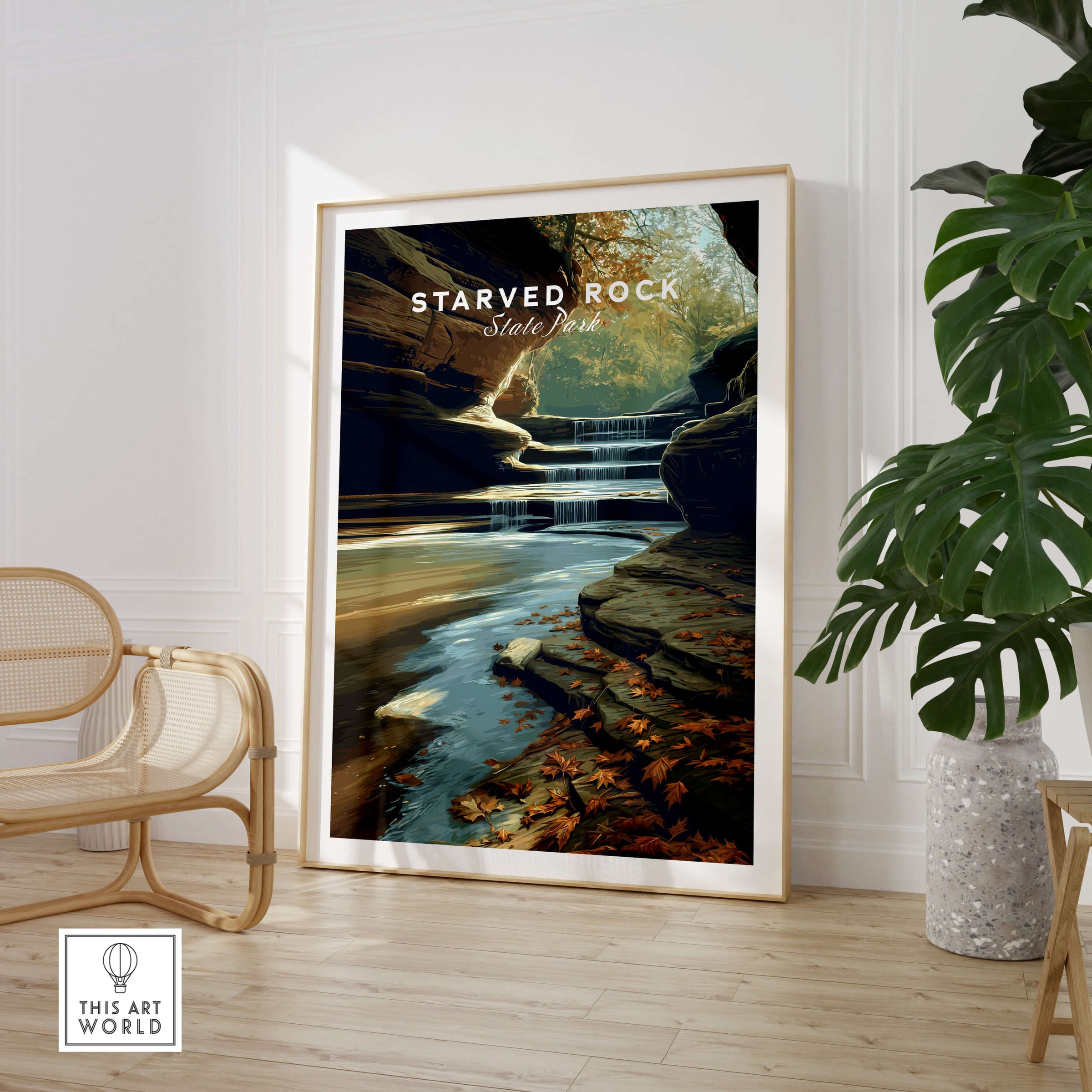 Starved Rock State Park Wall Art Print | Illinois Waterfall Landscape Travel Poster displayed in a modern interior setting.