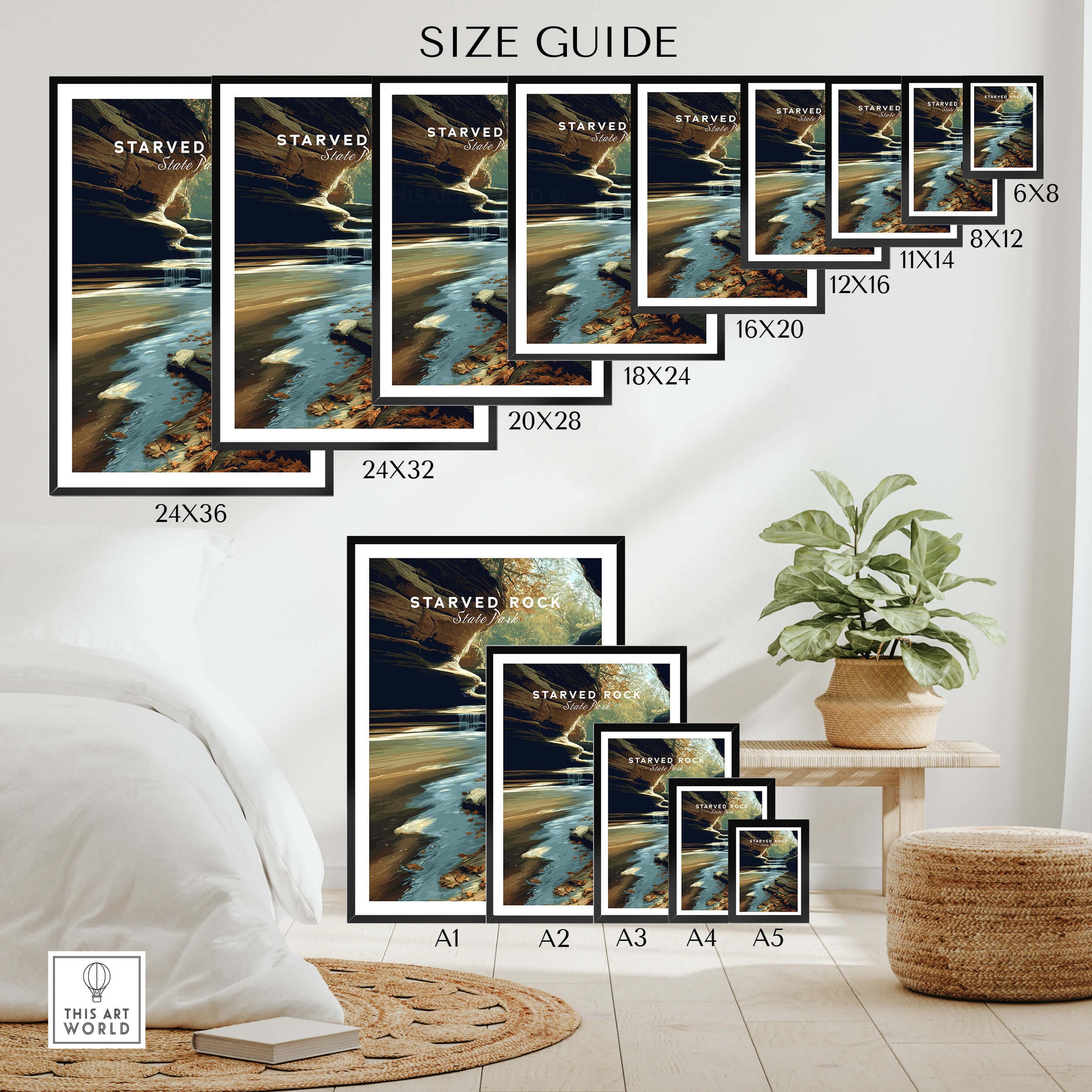 Starved Rock State Park Wall Art Print | Illinois Waterfall Landscape Travel Poster size guide showing various frame dimensions.