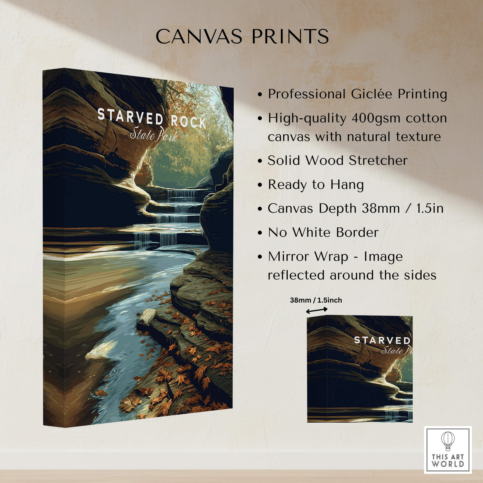 Starved Rock State Park Wall Art Print | Illinois Waterfall Landscape Travel Poster showcasing professional giclée printing details.