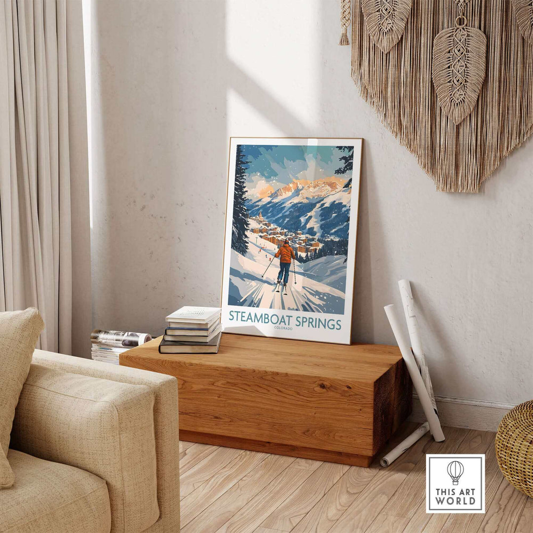 Steamboat Springs ski poster with snowy mountain scene, displayed in a cozy living room setting, perfect for Colorado decor.