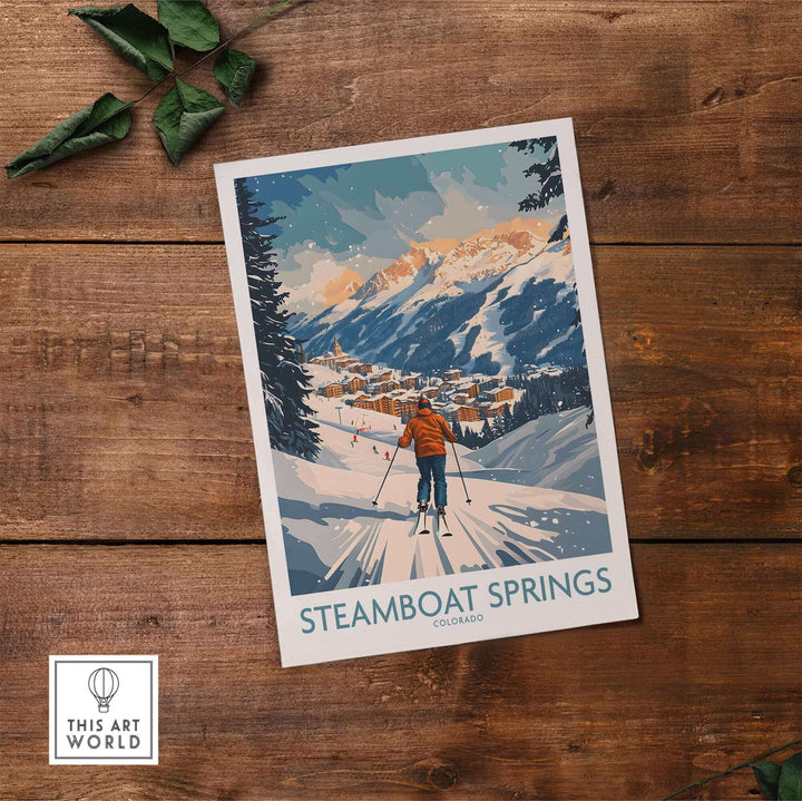 Steamboat Springs Ski Poster on Rustic Wood Background, Showcasing a Skier in Colorado's Mountain Landscape